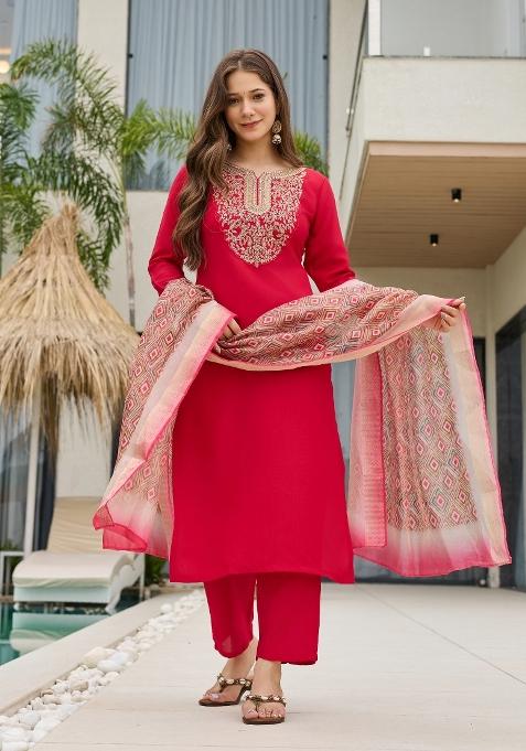 Red Embroidery Rayon Slub Kurta Set