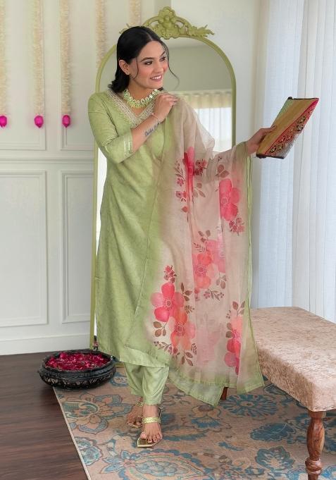 Pista Embroidery Rayon Kurta Set
