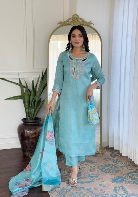 Sky Blue Embroidery Viscose Kurta Set