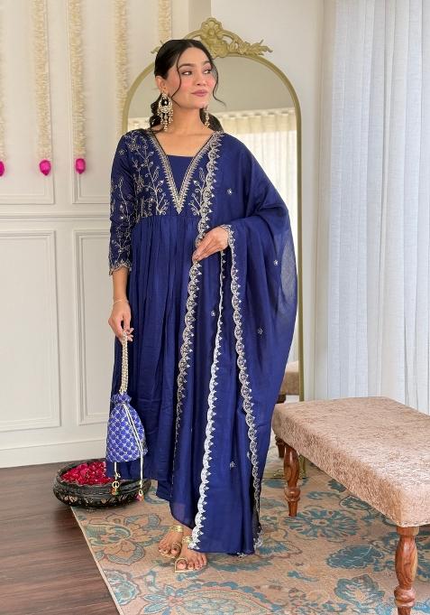 Blue Embroidery Silk Kurta Set