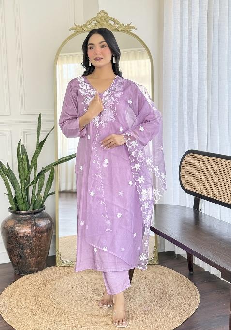 Lavender Embroidery Rayon Kurta Set