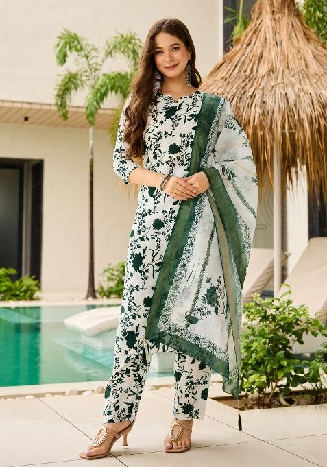 Green Printed Silk Kurta Set
