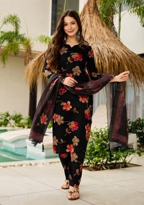 Black Printed Silk Kurta Set
