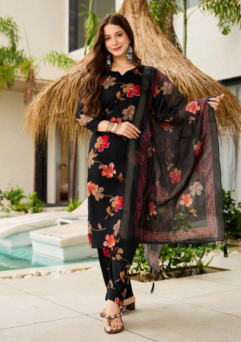 Black Printed Silk Kurta Set - Indya