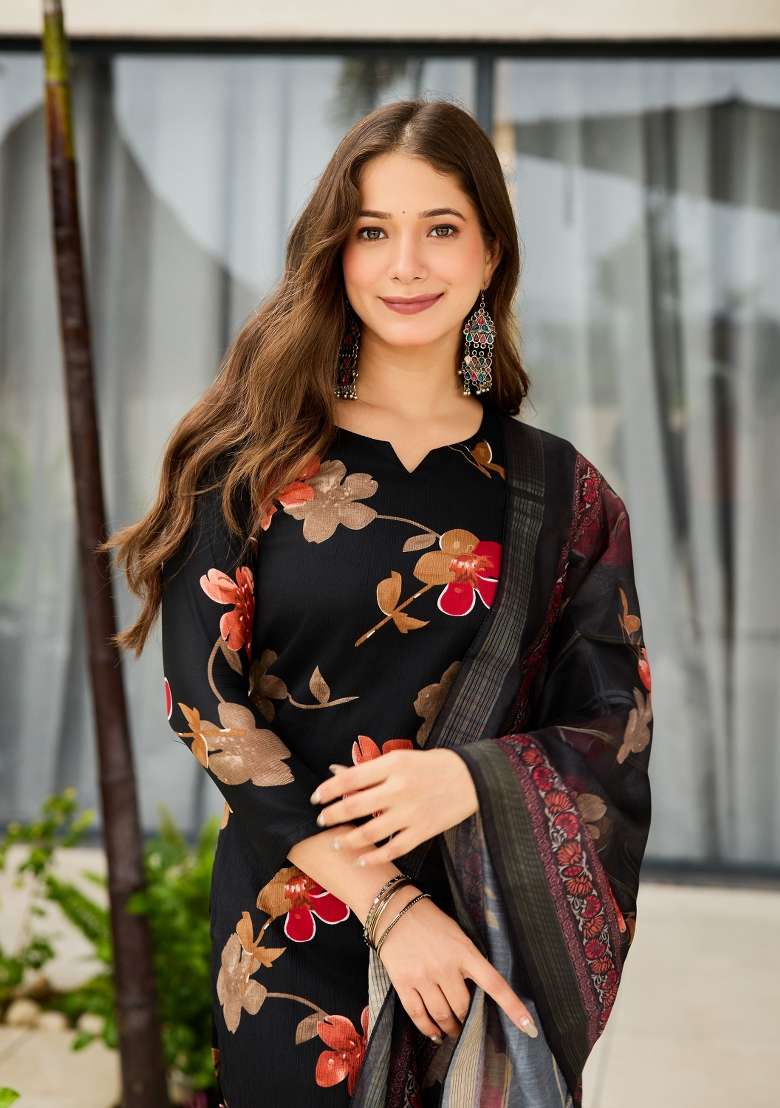 Black Printed Silk Kurta Set - Indya