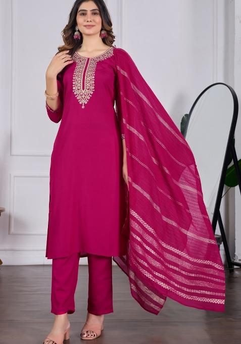 Pink Embroidery Rayon Slub Kurta Set