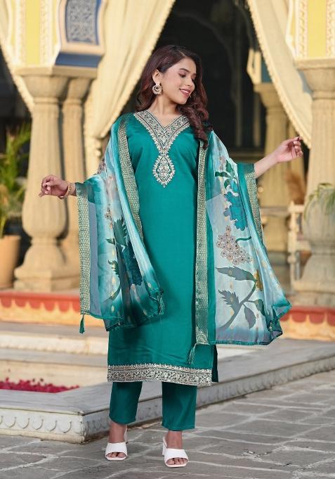 Rama Embroidery Viscose Chanderi Kurta Set