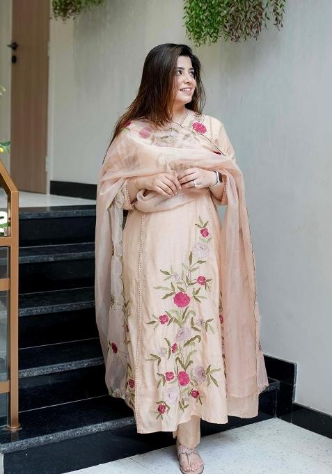 Peach Embroidery Chanderi Kurta Set