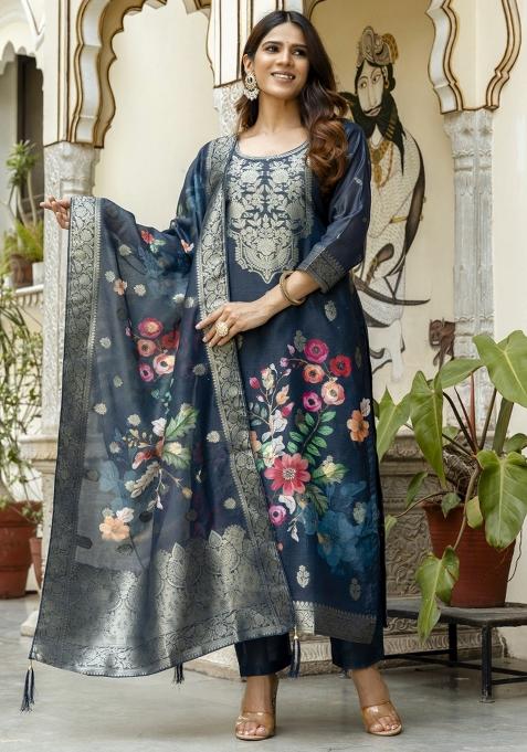 Blue Printed Chanderi Kurta Set