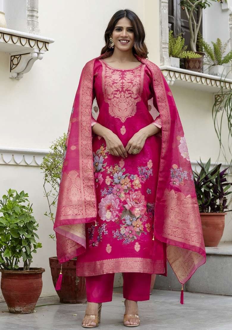 Pink Printed Chanderi Kurta Set - Indya
