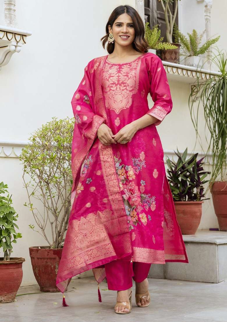 Pink Printed Chanderi Kurta Set - Indya