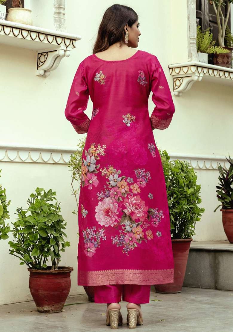 Pink Printed Chanderi Kurta Set - Indya