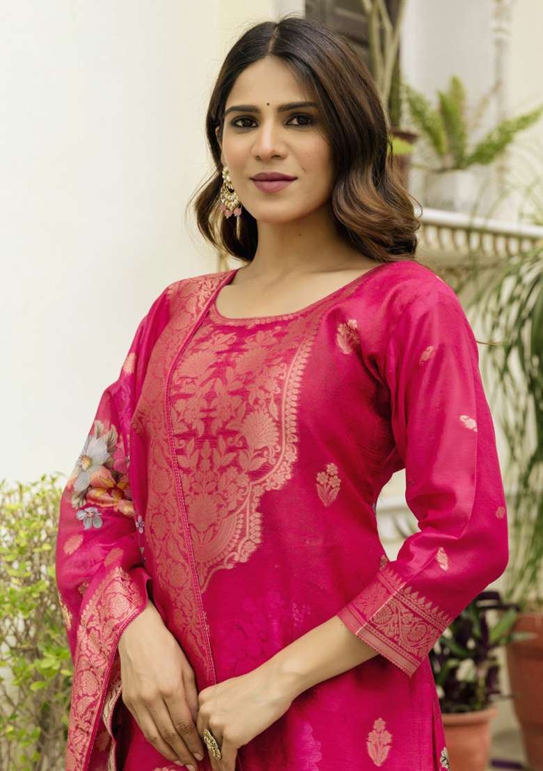 Pink Printed Chanderi Kurta Set - Indya