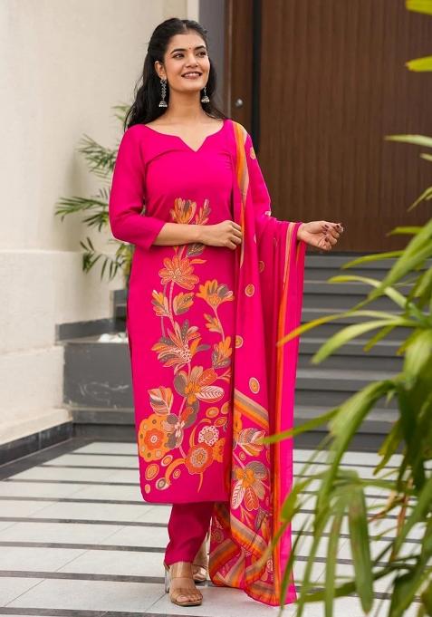 Pink Printed Silk Kurta Set