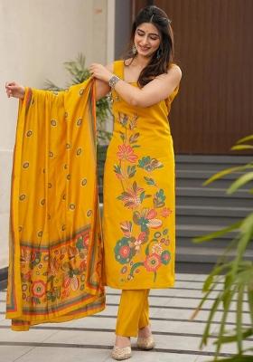 Yellow Printed Silk Kurta Set