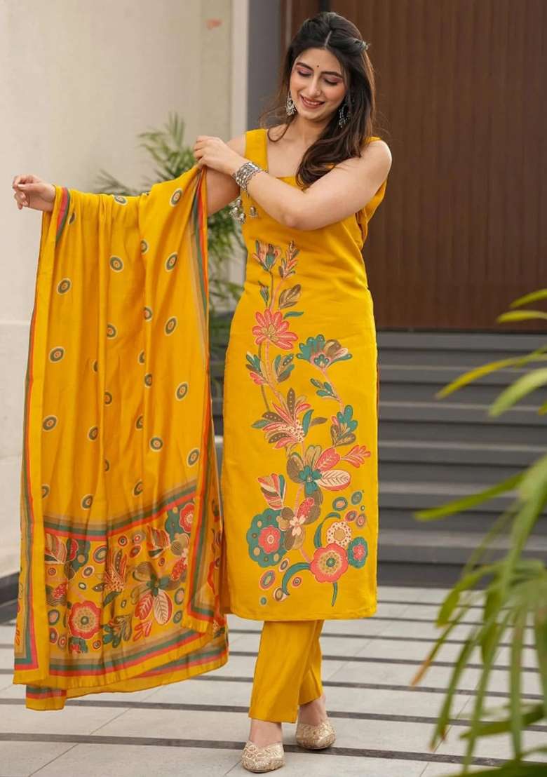 Yellow Printed Silk Kurta Set - Indya