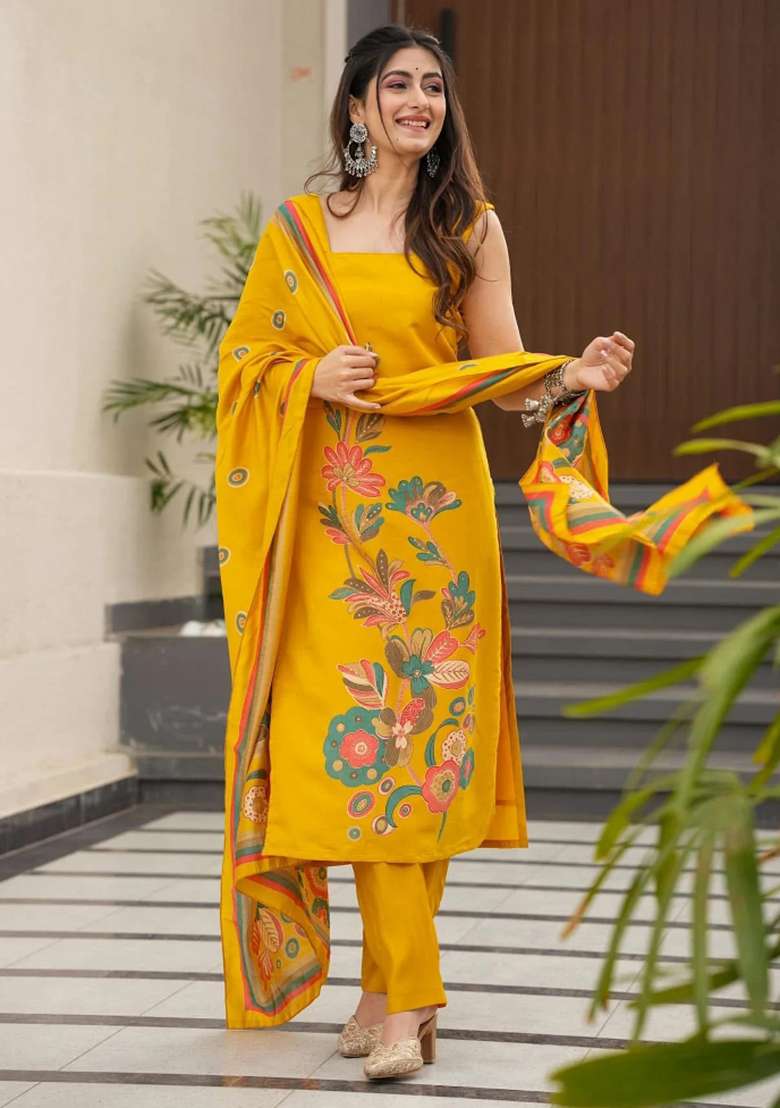 Yellow Printed Silk Kurta Set - Indya