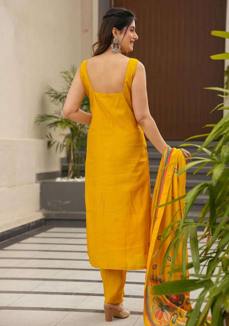 Yellow Printed Silk Kurta Set - Indya