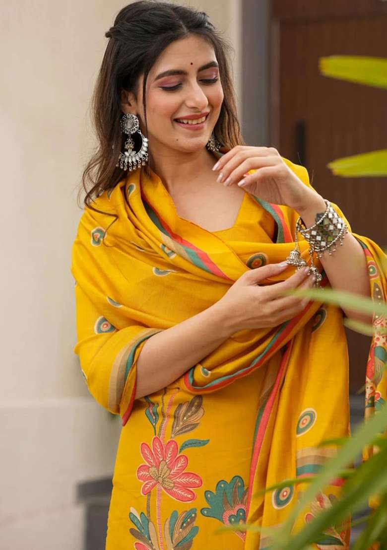 Yellow Printed Silk Kurta Set - Indya