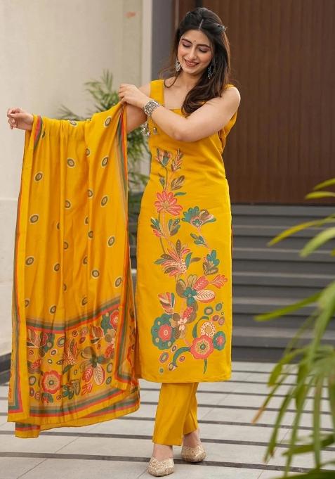 Yellow Printed Silk Kurta Set