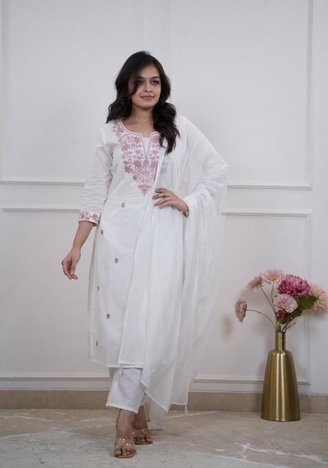 White Embroidery Pv Chanderi Kurta Set