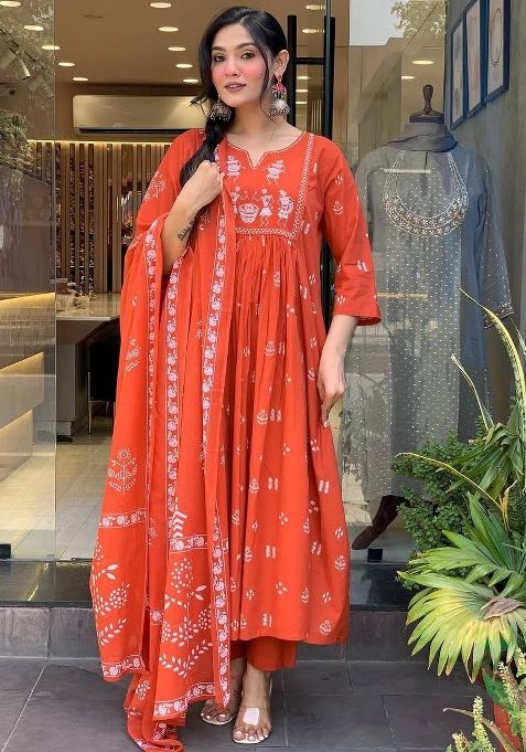 Orange Embroidery Cotton Kurta Set