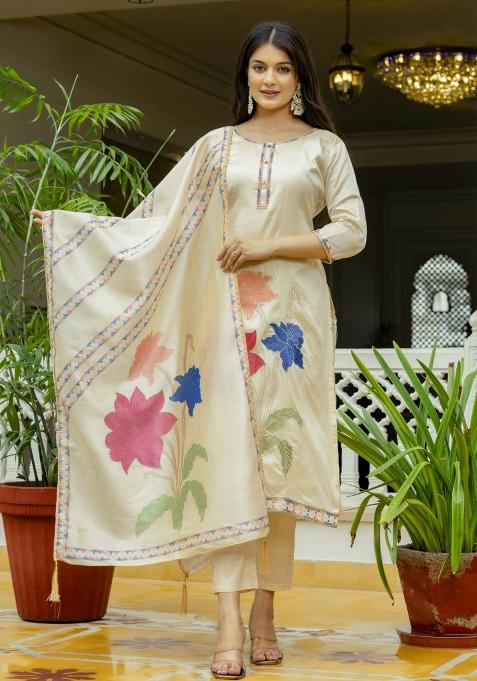 Cream Embroidery Silk Kurta Set