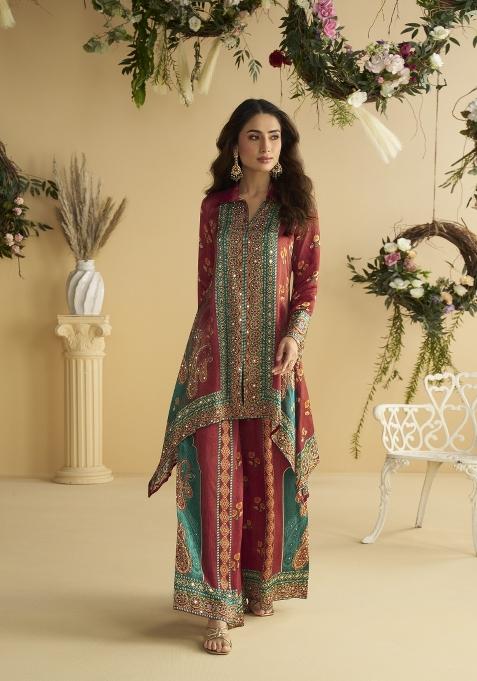 Maroon Embroidery Crepe Kurta Set