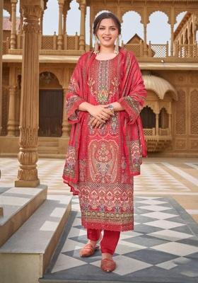 Deep Coral Mirror Work Silk Kurta Set
