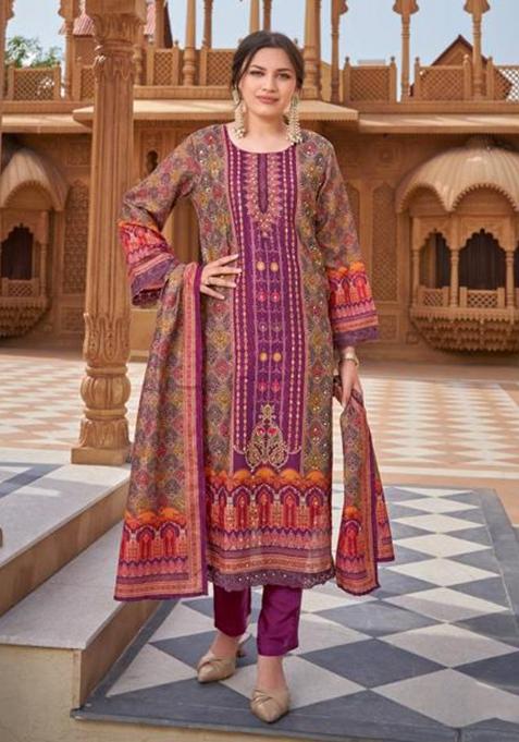 Wine Mirror Work Silk Kurta Set