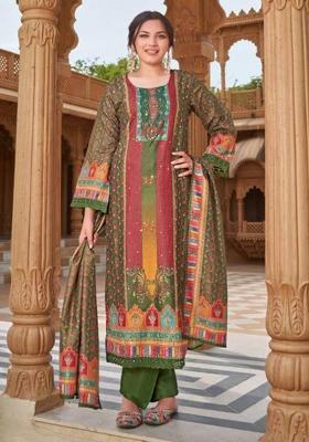Mehendi Green Mirror Work Silk Kurta Set