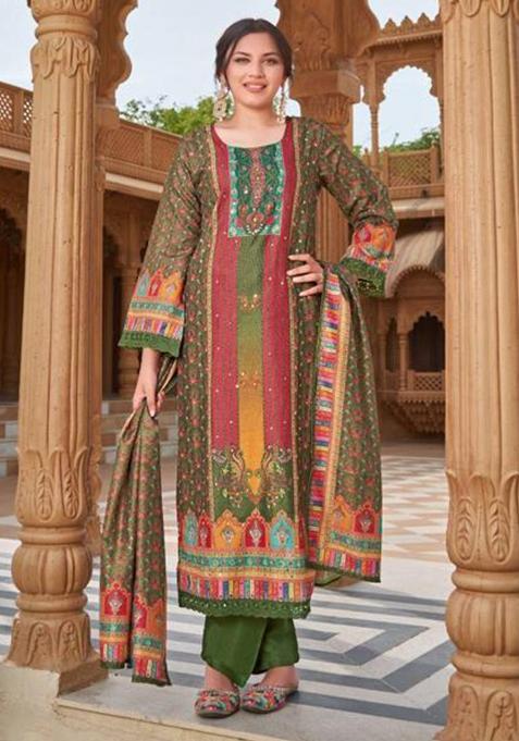 Mehendi Green Mirror Work Silk Kurta Set