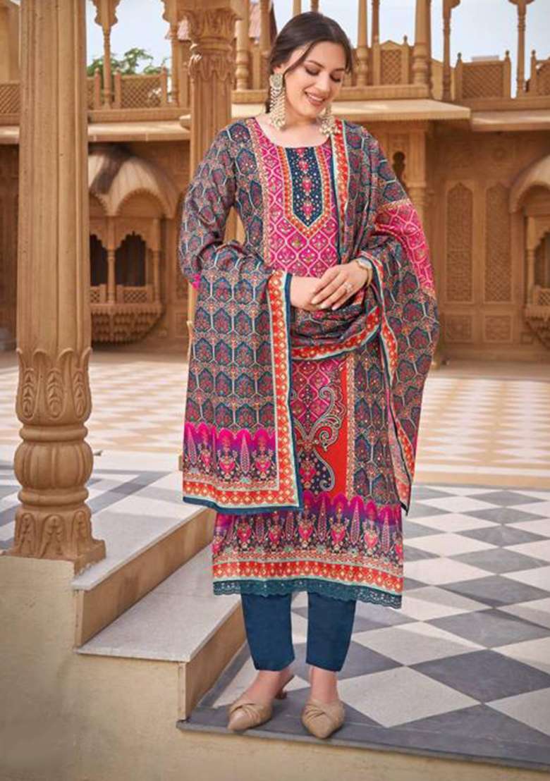 Navy Blue Printed Silk Pakistani Suit Set - Indya
