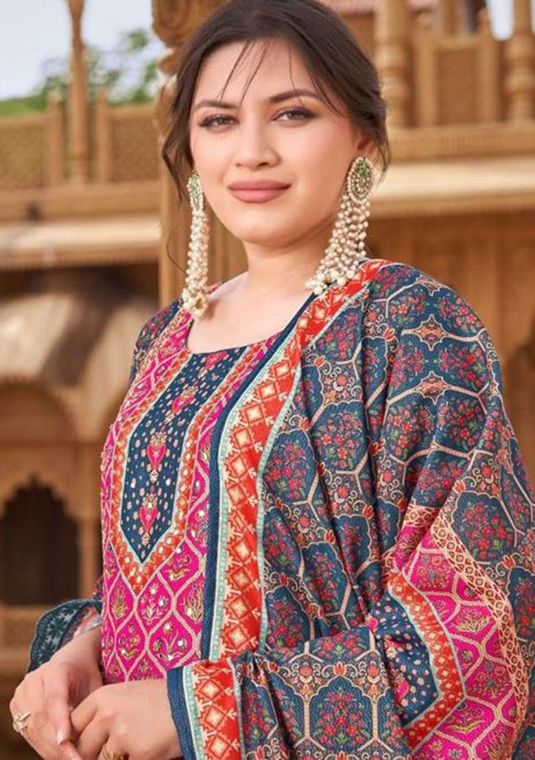 Navy Blue Printed Silk Pakistani Suit Set - Indya