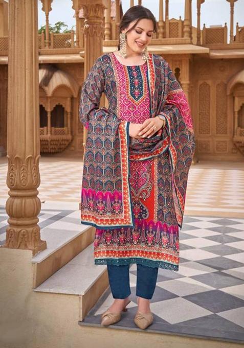 Navy Blue Mirror Work Silk Kurta Set