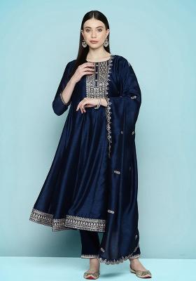 Teal Embroidered Georgette A Line Kurta Set