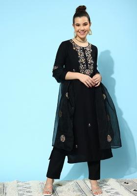 Black Embroidered Georgette A Line Kurta Set