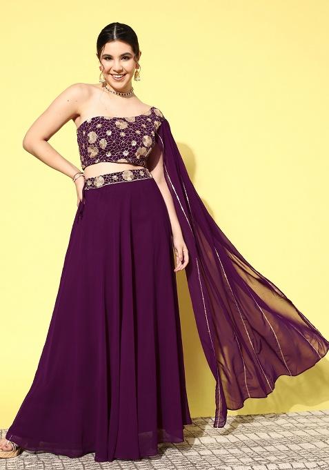 Wine Embroidery Georgette Fusion Set — view on Indya