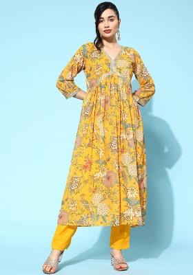 Yellow Embroidered Georgette A Line Kurta Set