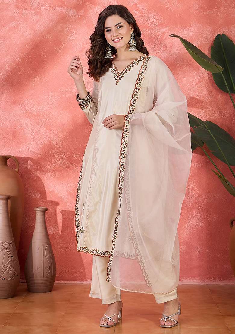 Cream Embroidered Georgette Straight Kurta Set - Indya