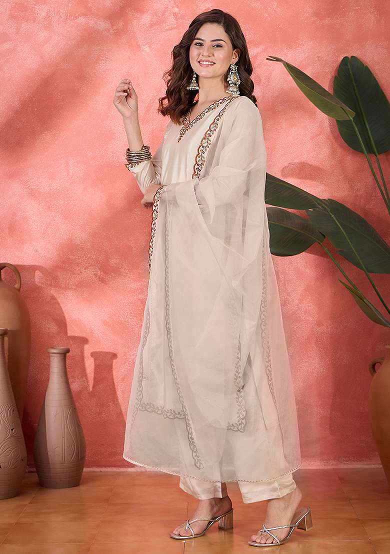 Cream Embroidered Georgette Straight Kurta Set - Indya