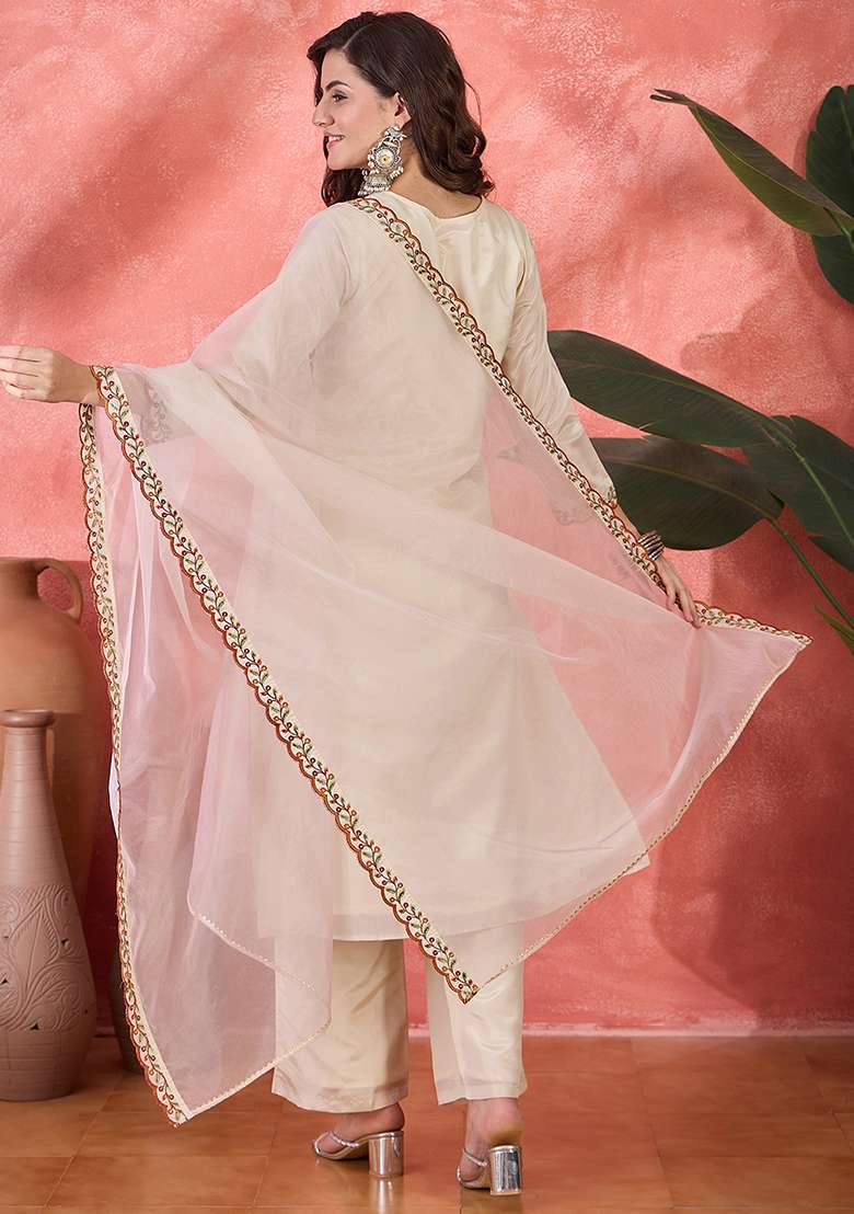 Cream Embroidered Georgette Straight Kurta Set - Indya