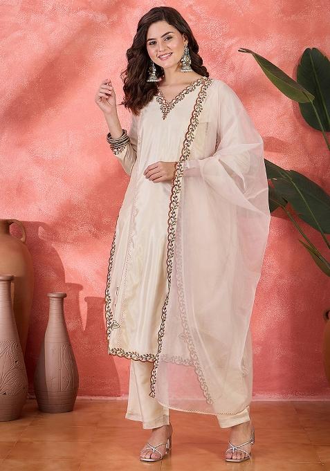 Cream Embroidery Georgette Kurta Set