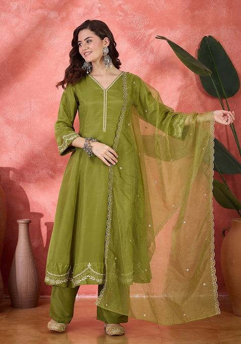 Parrot Green Embroidered Georgette Pakistani Suit Set — view on Indya