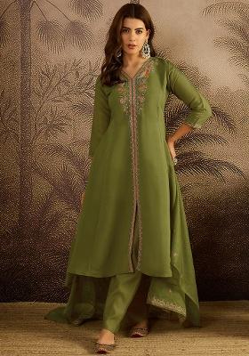 Parrot Green Embroidered Georgette A Line Kurta Set