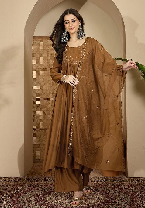 Mocha Mouse Embroidery Georgette Kurta Set