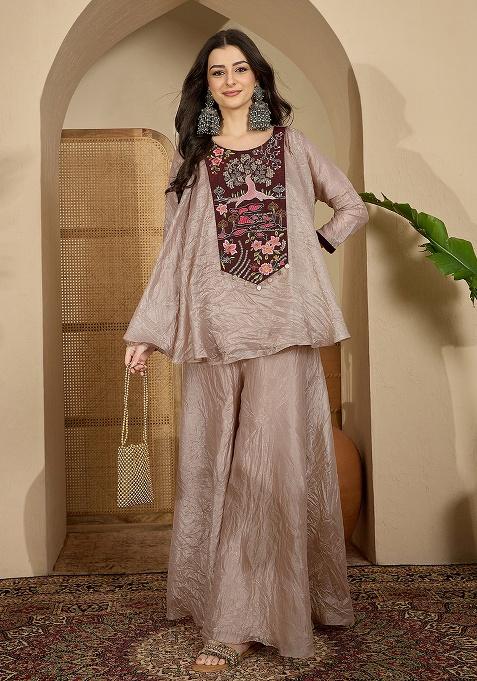 Golden Beige Embroidery Georgette Kurta Set