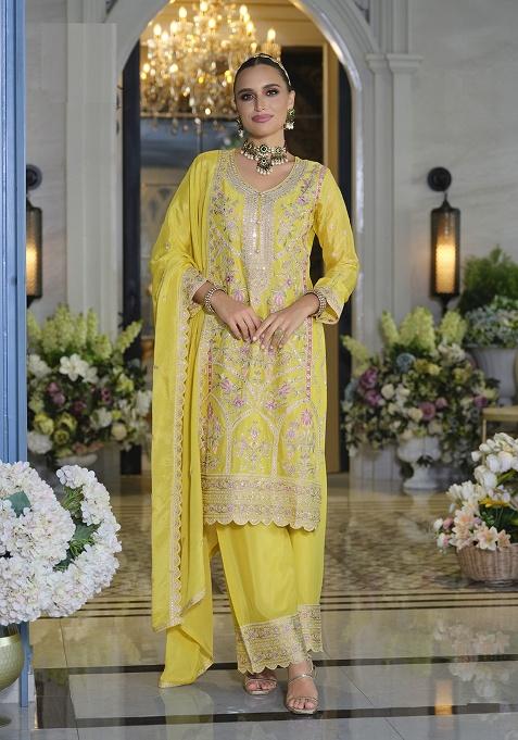 Yellow Embroidery Chinon Kurta Set