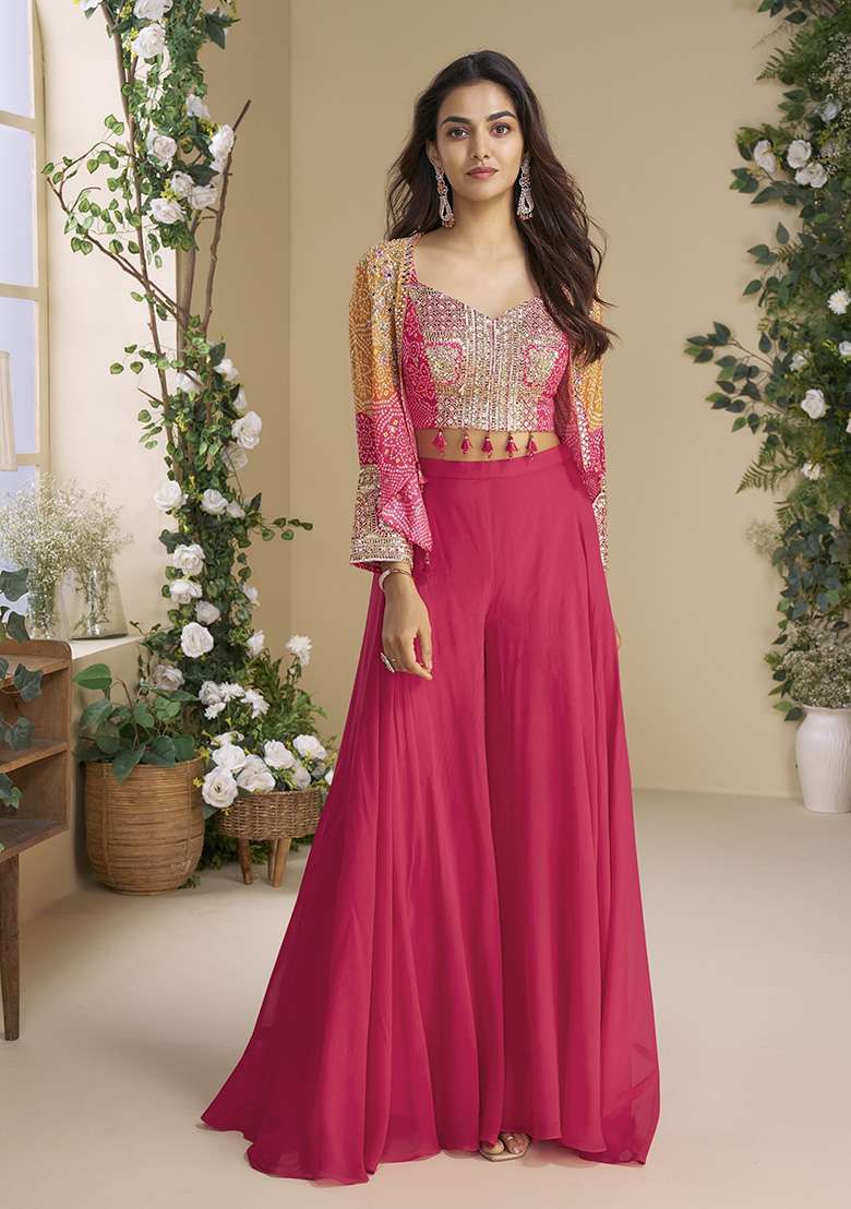 Pink Embroidered Chinon Sharara Set - Indya