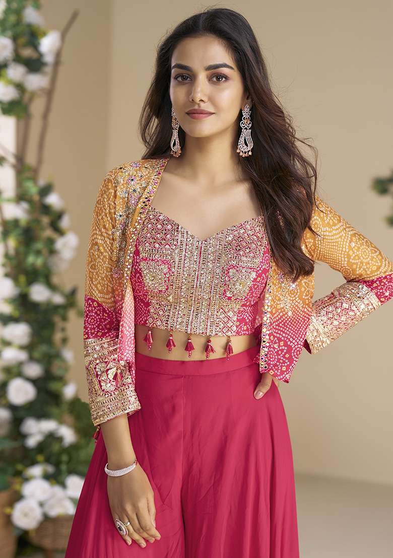 Pink Embroidered Chinon Sharara Set - Indya